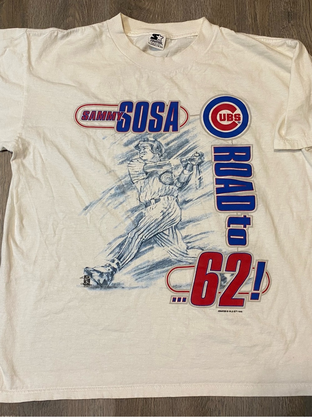 Vintage 1998 Sammy Sosa Chicago Cubs Tshirt Starter Road to 62 White Youth XL